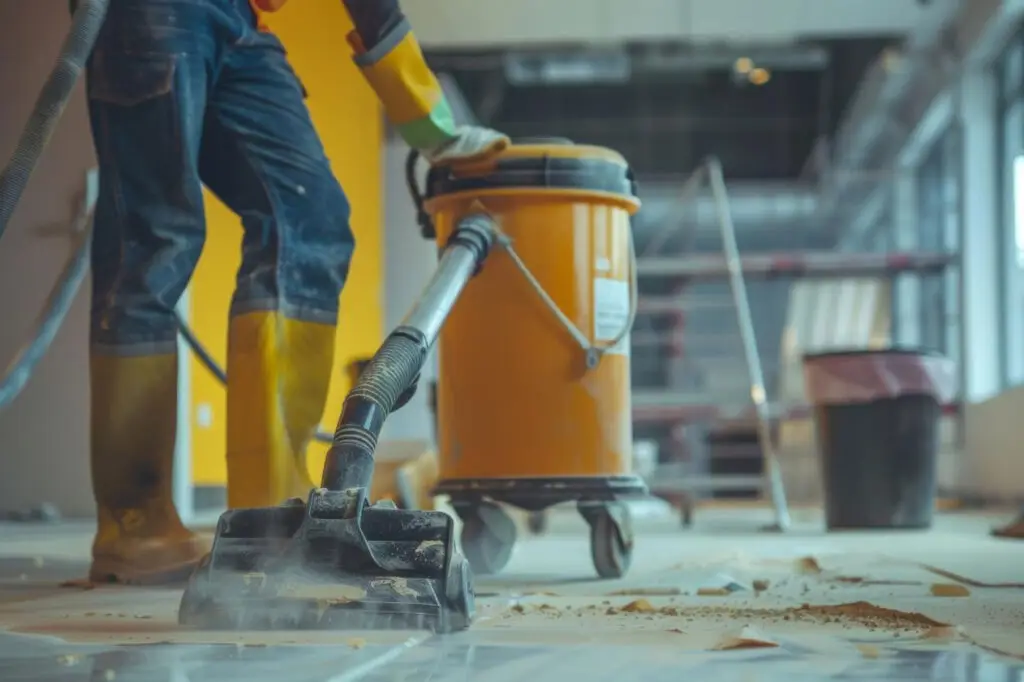Worker using an industrial vacuum for post construction cleaning on a dusty floor.