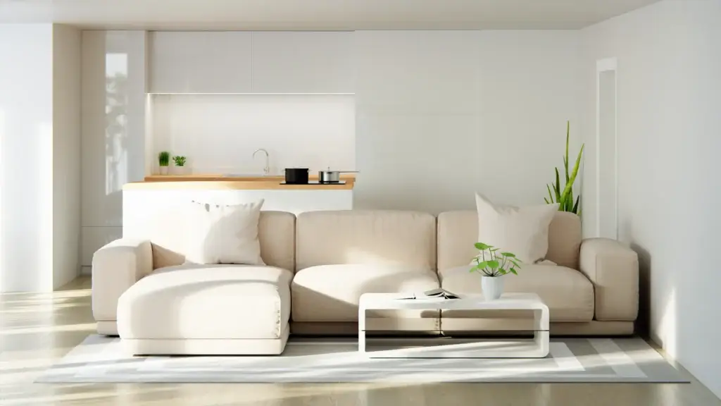Minimalist living room with beige sectional sofa and white kitchen