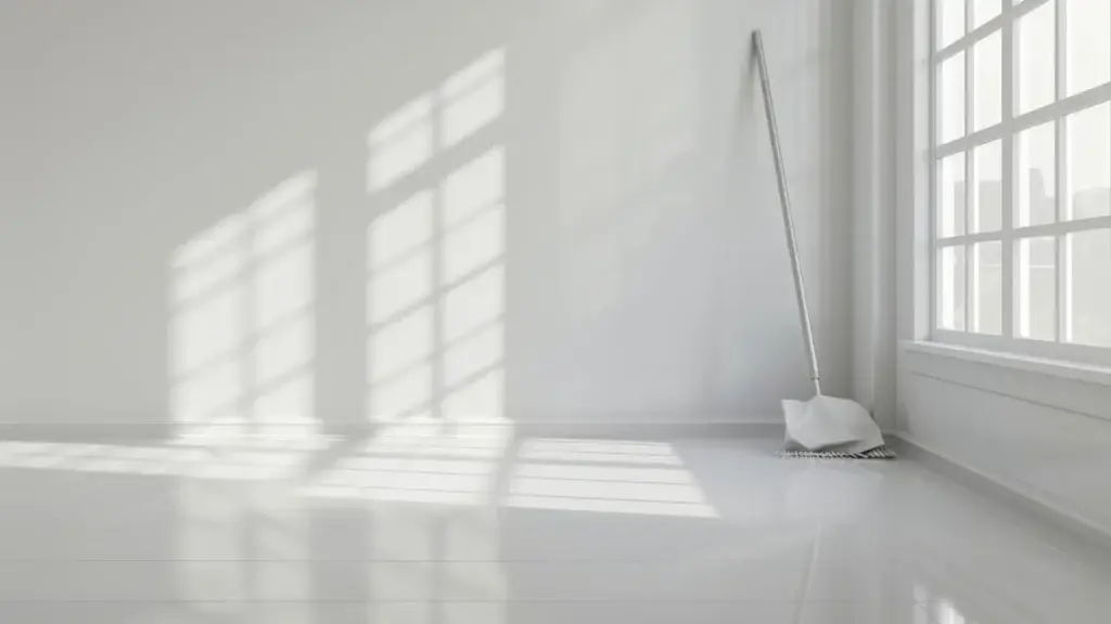 Broom leaning against wall in empty white room