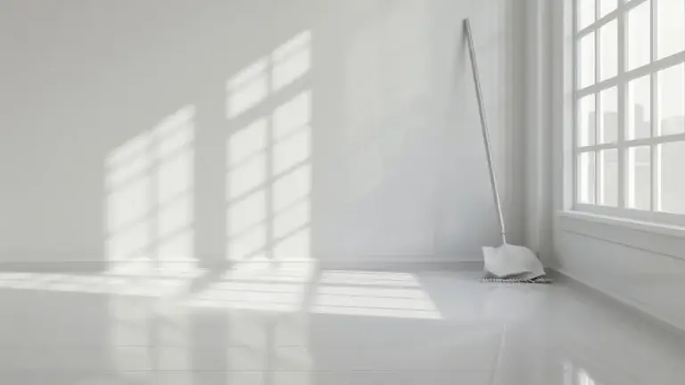 Broom leaning against wall in empty white room