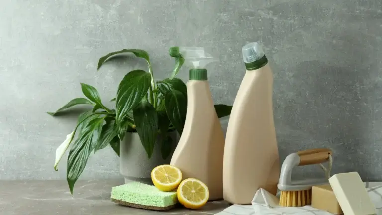 Eco-friendly cleaning products with lemon and plant