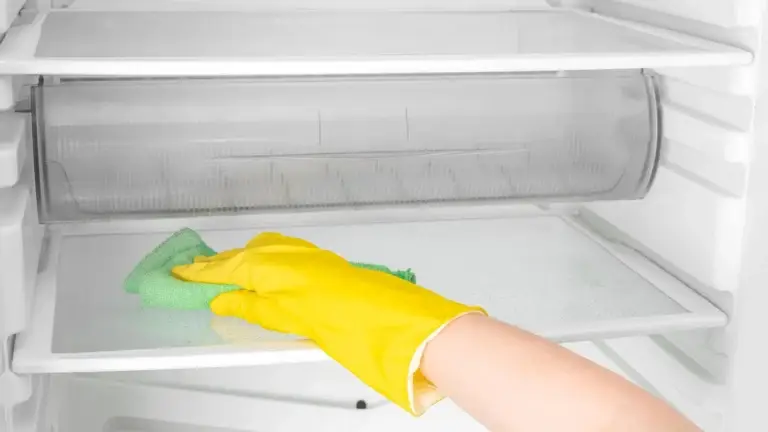 Gloved hand wiping refrigerator shelf clean