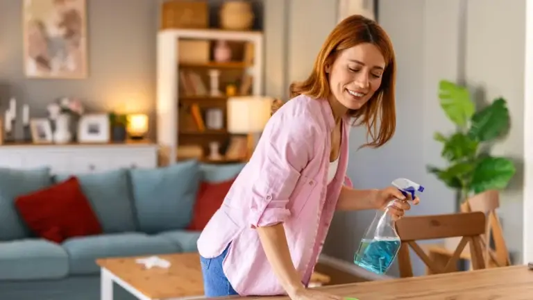 Woman cleaning wooden table with spray bottle
