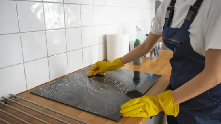 Cleaner in yellow gloves scrubbing a glass cooktop with a sponge