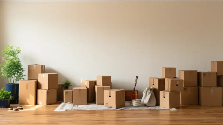 Empty room with cardboard moving boxes stacked on hardwood floor