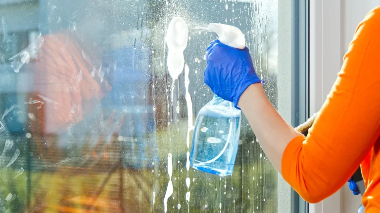 Gloved hand spraying cleaning solution on a glass window