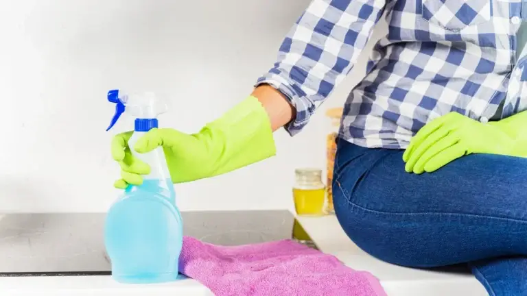 Woman in green gloves holding a spray bottle and pink cloth