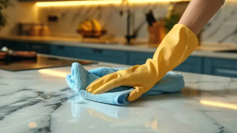 Yellow gloved hand wiping a marble kitchen counter with a blue cloth
