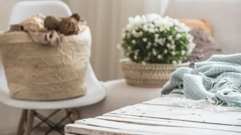 Cozy living room with woven basket decor